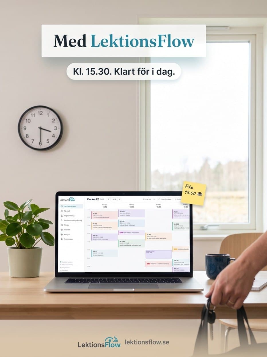 Samma skrivbord med LektionsFlow: klockan är 15.30, veckan är planerad och skrivbordet är tomt