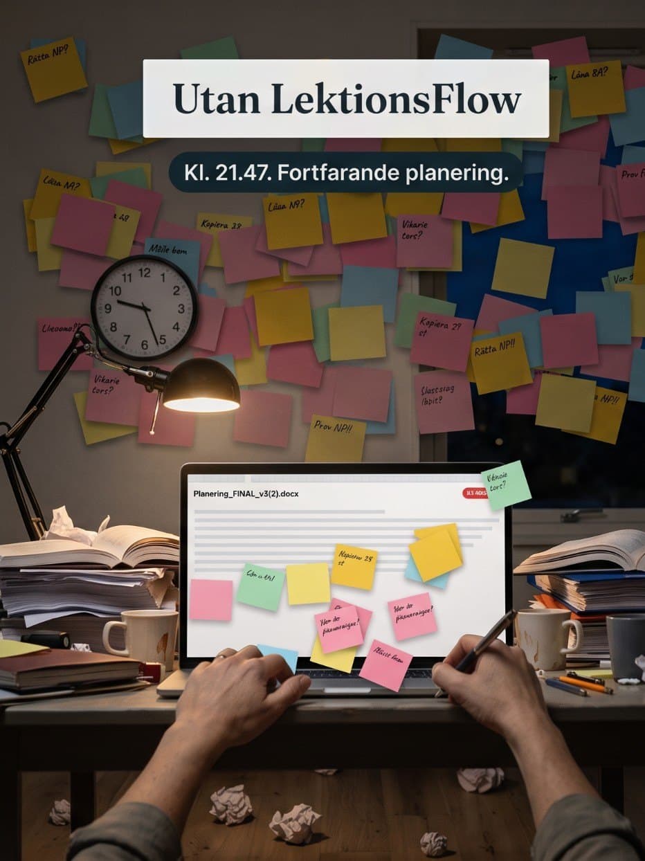 Ett skrivbord utan LektionsFlow: klockan är 21.47, väggen och datorn är täckta av post-it-lappar och skrivbordet är fullt av papper och kaffekoppar