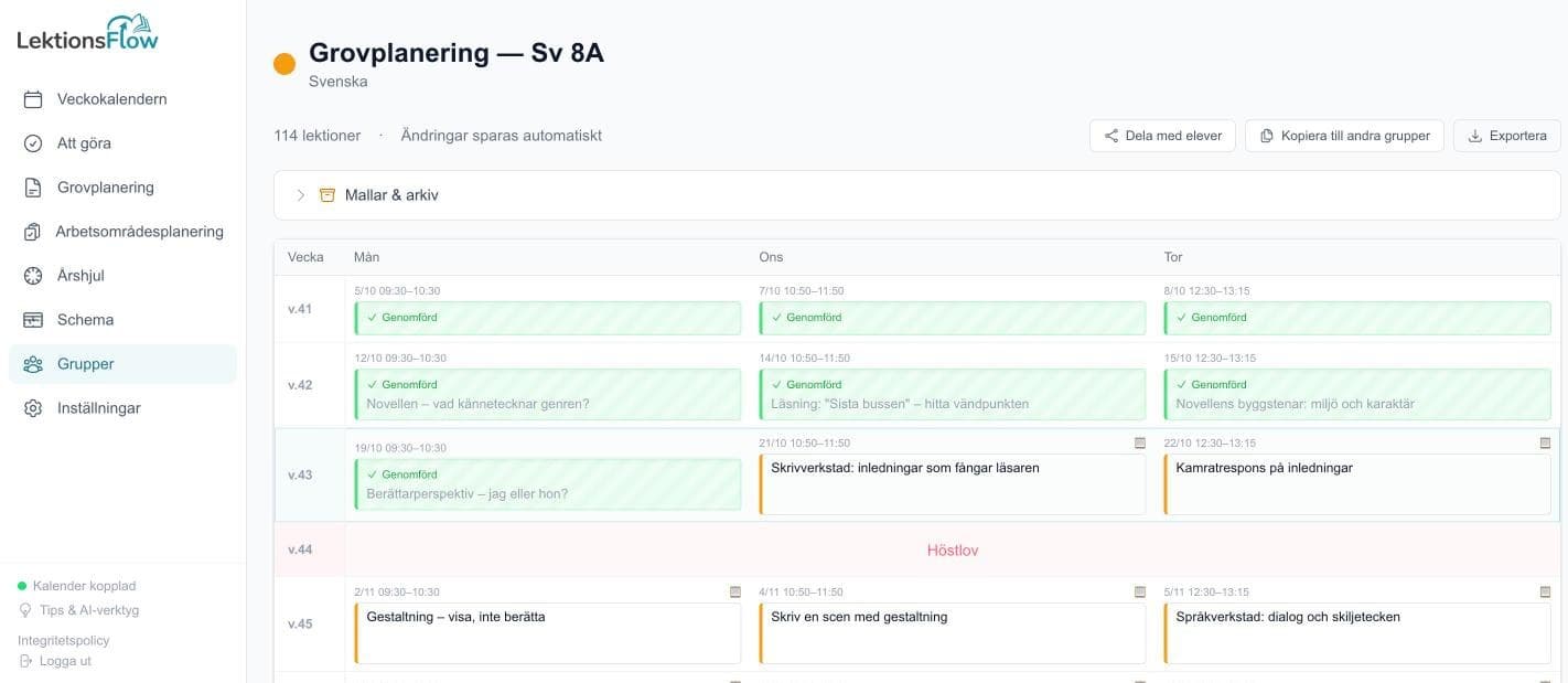 Grovplanering över terminens veckor
